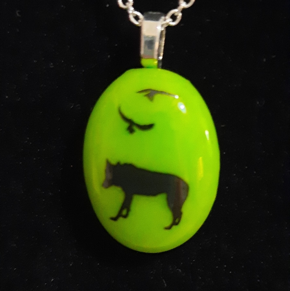 Stained Glass Lime Green Necklace with Wolf and Eagle Fused Decals